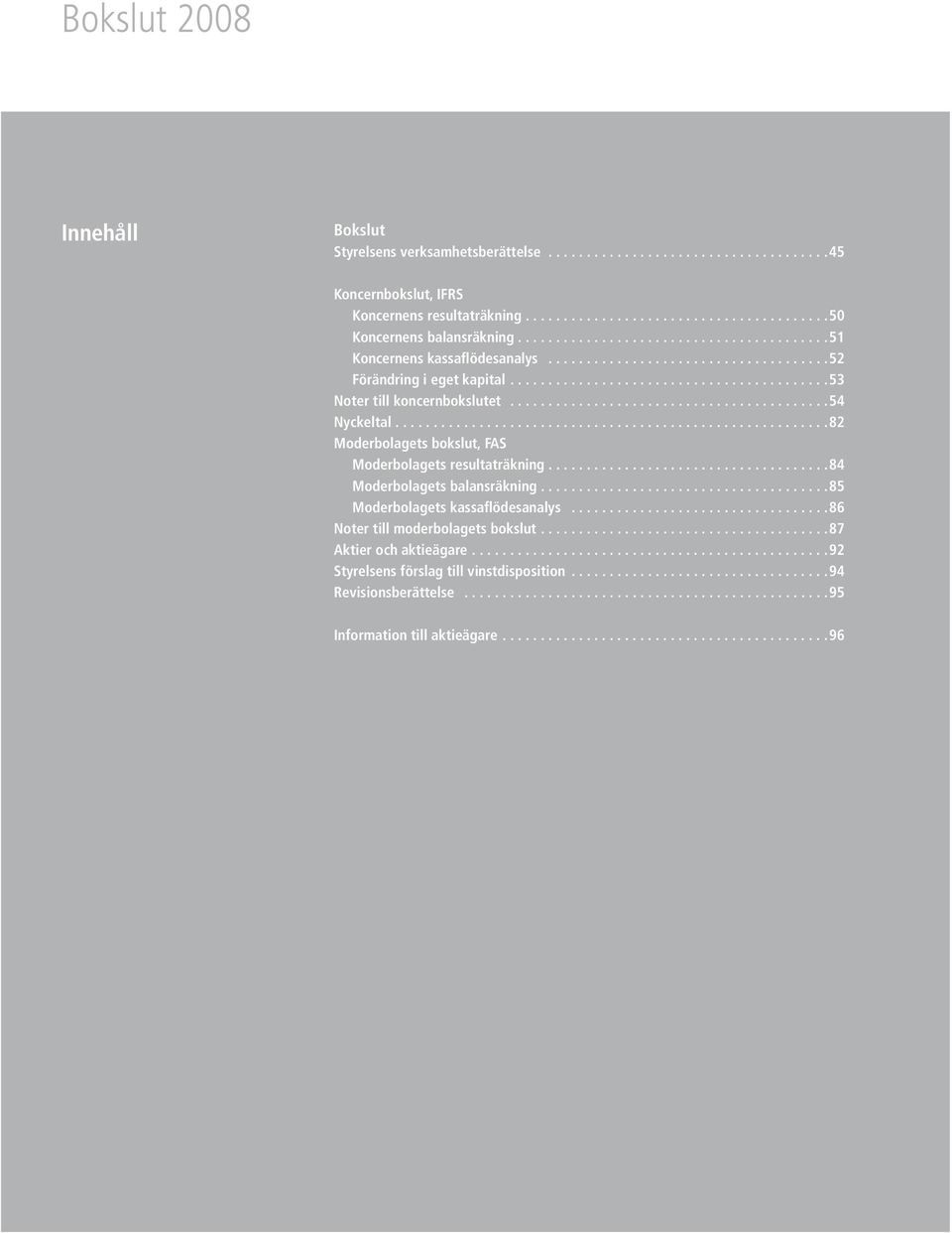 ... 82 Moderbolagets bokslut, FAS Moderbolagets resultaträkning..................................... 84 Moderbolagets balansräkning......................................85 Moderbolagets kassaflödesanalys.