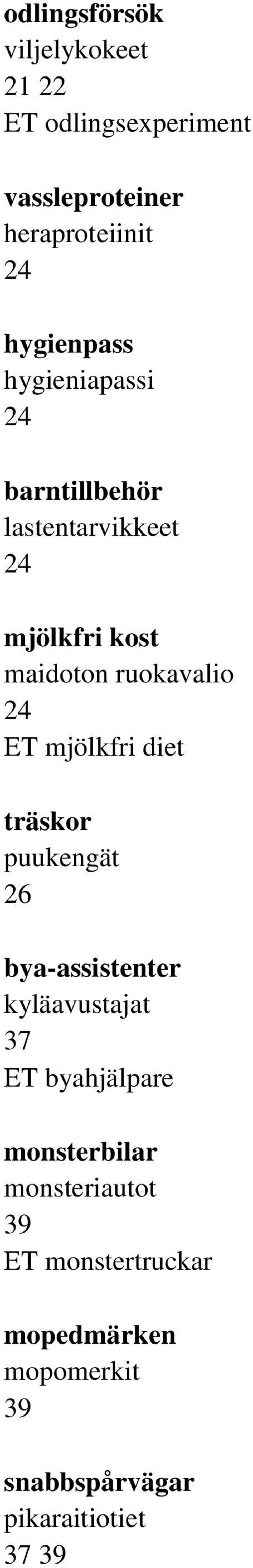 24 ET mjölkfri diet träskor puukengät 26 bya-assistenter kyläavustajat 37 ET byahjälpare