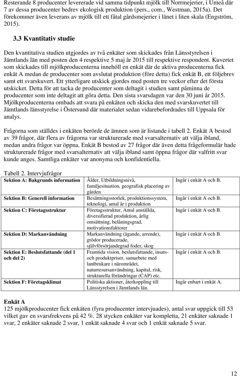 3 Kvantitativ studie Den kvantitativa studien utgjordes av två enkäter som skickades från Länsstyrelsen i Jämtlands län med posten den 4 respektive 5 maj år 2015 till respektive respondent.