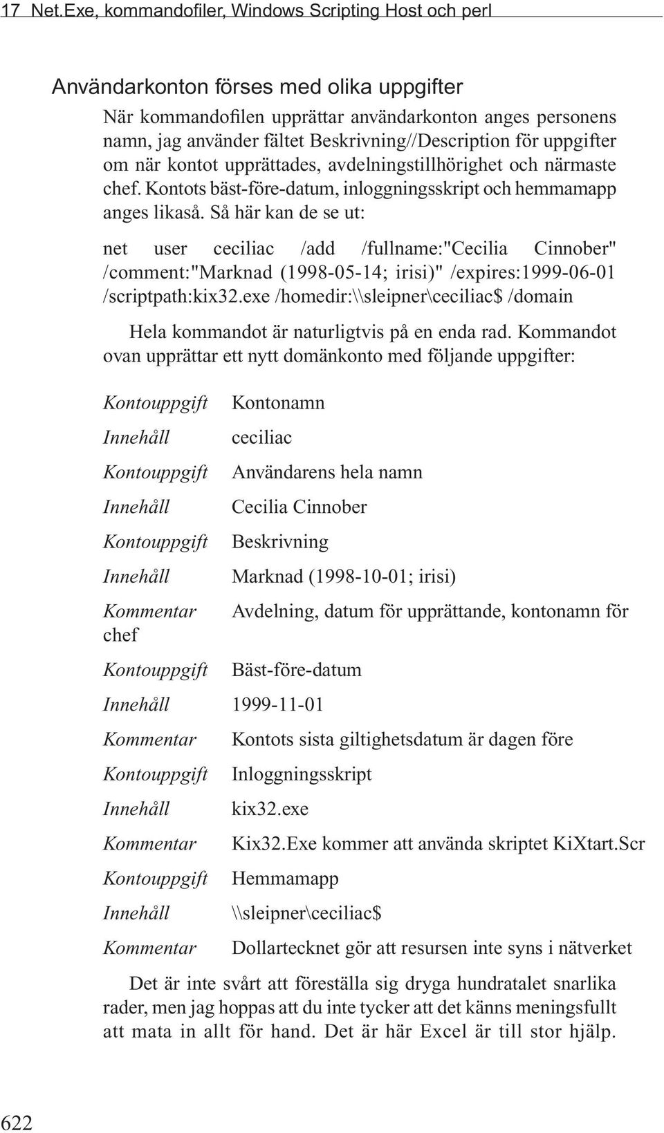 Beskrivning//Description för uppgifter om när kontot upprättades, avdelningstillhörighet och närmaste chef. Kontots bäst-före-datum, inloggningsskript och hemmamapp anges likaså.