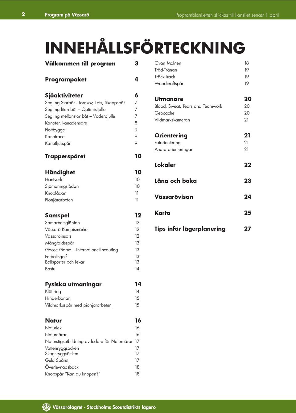 Kompismärke 12 Vässaröinsats 12 Mångfaldsspår 13 Goose Game Internationell scouting 13 Fotbollsgolf 13 Bollsporter och lekar 13 Bastu 14 Ovan Molnen 18 Träd-Tränan 19 Träck-Track 19 Woodcraftspår 19