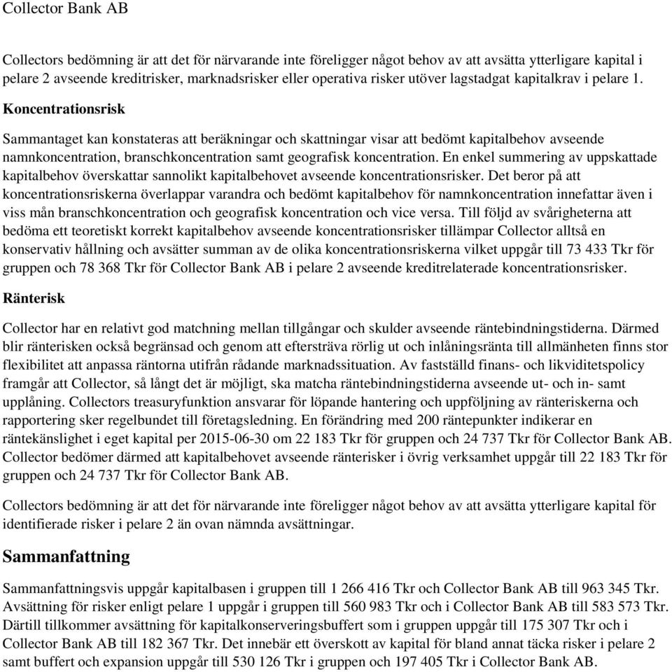 Koncentrationsrisk Sammantaget kan konstateras att beräkningar och skattningar visar att bedömt kapitalbehov avseende namnkoncentration, branschkoncentration samt geografisk koncentration.