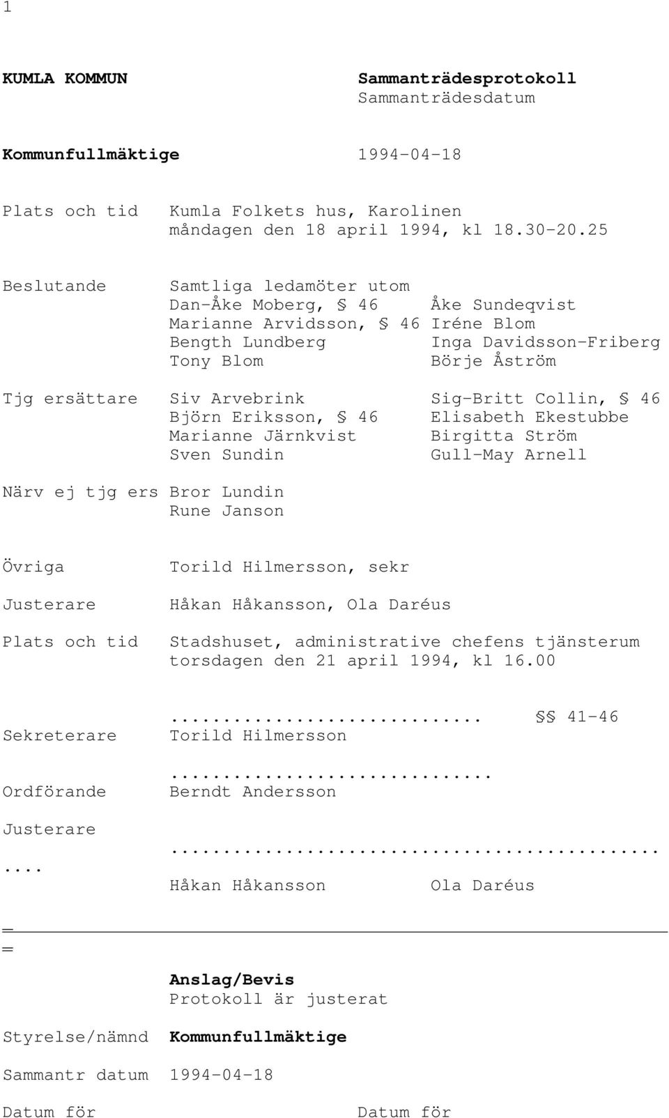 Sig-Britt Collin, 46 Björn Eriksson, 46 Elisabeth Ekestubbe Marianne Järnkvist Birgitta Ström Sven Sundin Gull-May Arnell Närv ej tjg ers Bror Lundin Rune Janson Övriga Justerare Plats och tid Torild