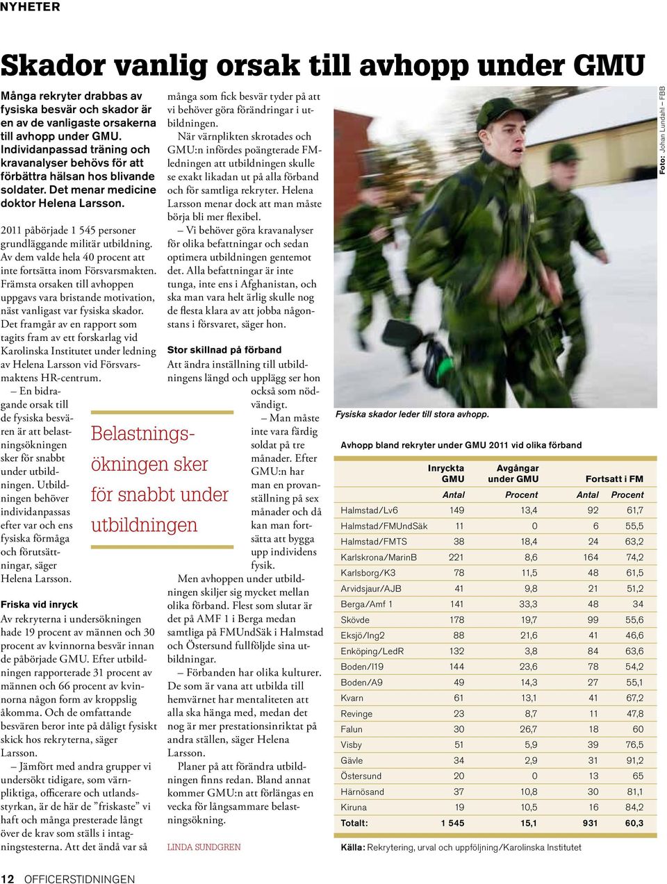 2011 påbörjade 1 545 personer grundläggande militär utbildning. Av dem valde hela 40 procent att inte fortsätta inom Försvarsmakten.