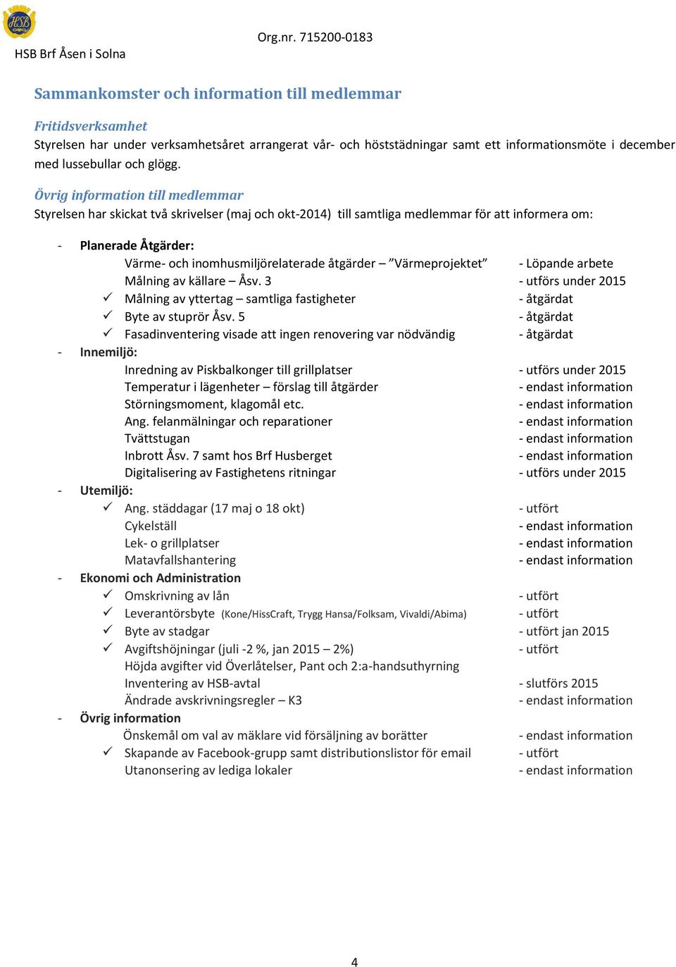 Värmeprojektet - Löpande arbete Målning av källare Åsv. 3 - utförs under 2015 Målning av yttertag samtliga fastigheter - åtgärdat Byte av stuprör Åsv.