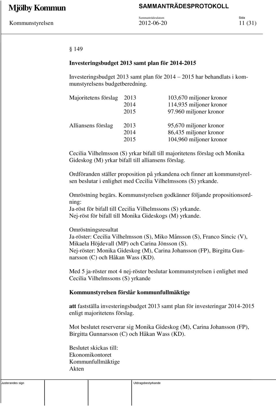 960 miljoner kronor Alliansens förslag 2013 95,670 miljoner kronor 2014 86,435 miljoner kronor 2015 104,960 miljoner kronor Cecilia Vilhelmsson (S) yrkar bifall till majoritetens förslag och Monika