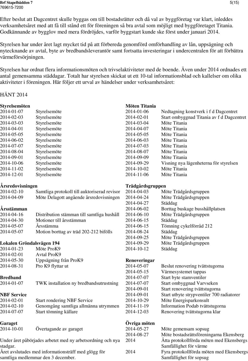 Styrelsen har under året lagt mycket tid på att förbereda genomförd omförhandling av lån, uppsägning och nytecknande av avtal, byte av bredbandsleverantör samt fortsatta investeringar i