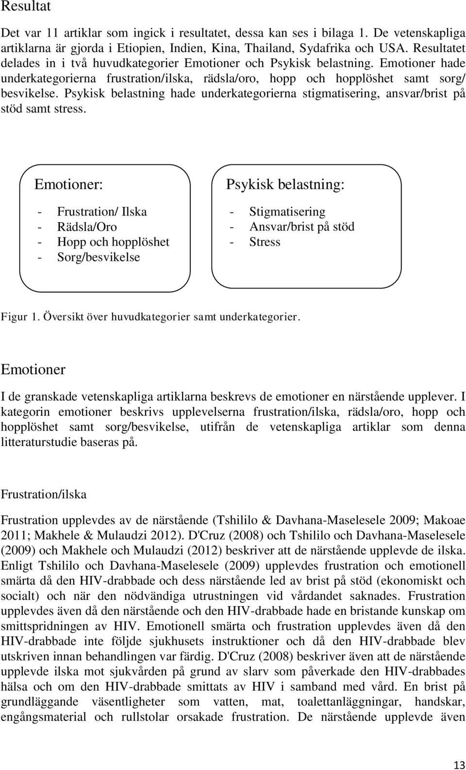 Psykisk belastning hade underkategorierna stigmatisering, ansvar/brist på stöd samt stress.