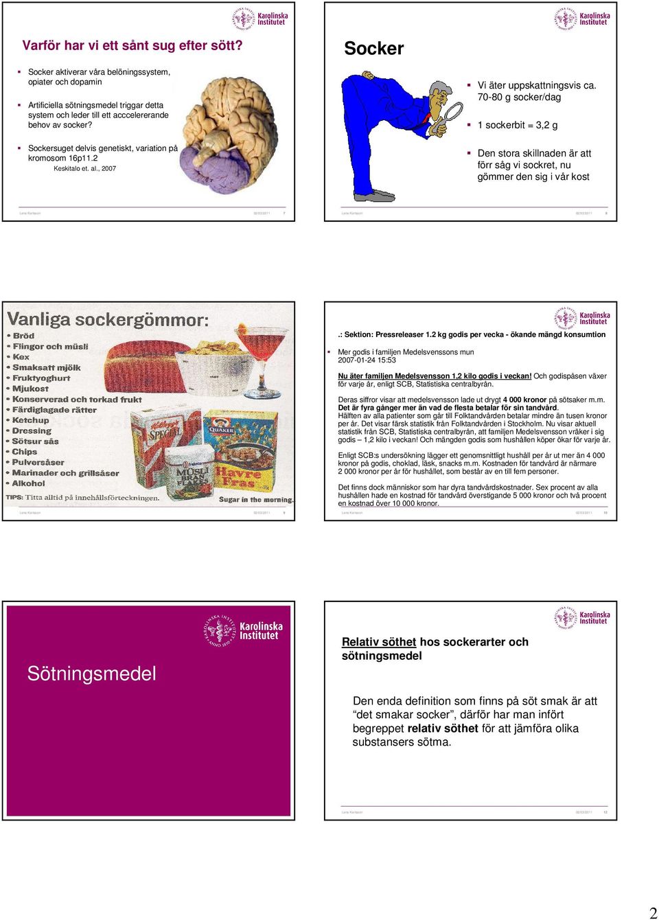 70-80 g socker/dag 1 sockerbit = 3,2 g Den stora skillnaden är att förr såg vi sockret, nu gömmer den sig i vår kost Lena Karlsson 02/03/2011 7 Lena Karlsson 02/03/2011 8.: Sektion: Pressreleaser 1.