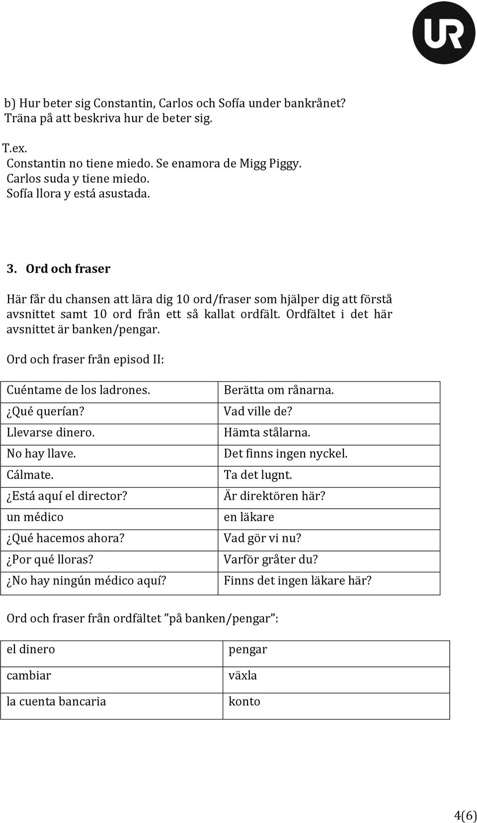 Ordfältet i det här avsnittet är banken/pengar. Ord och fraser från episod II: Cuéntame de los ladrones. Qué querían? Llevarse dinero. No hay llave. Cálmate. Está aquí el director?