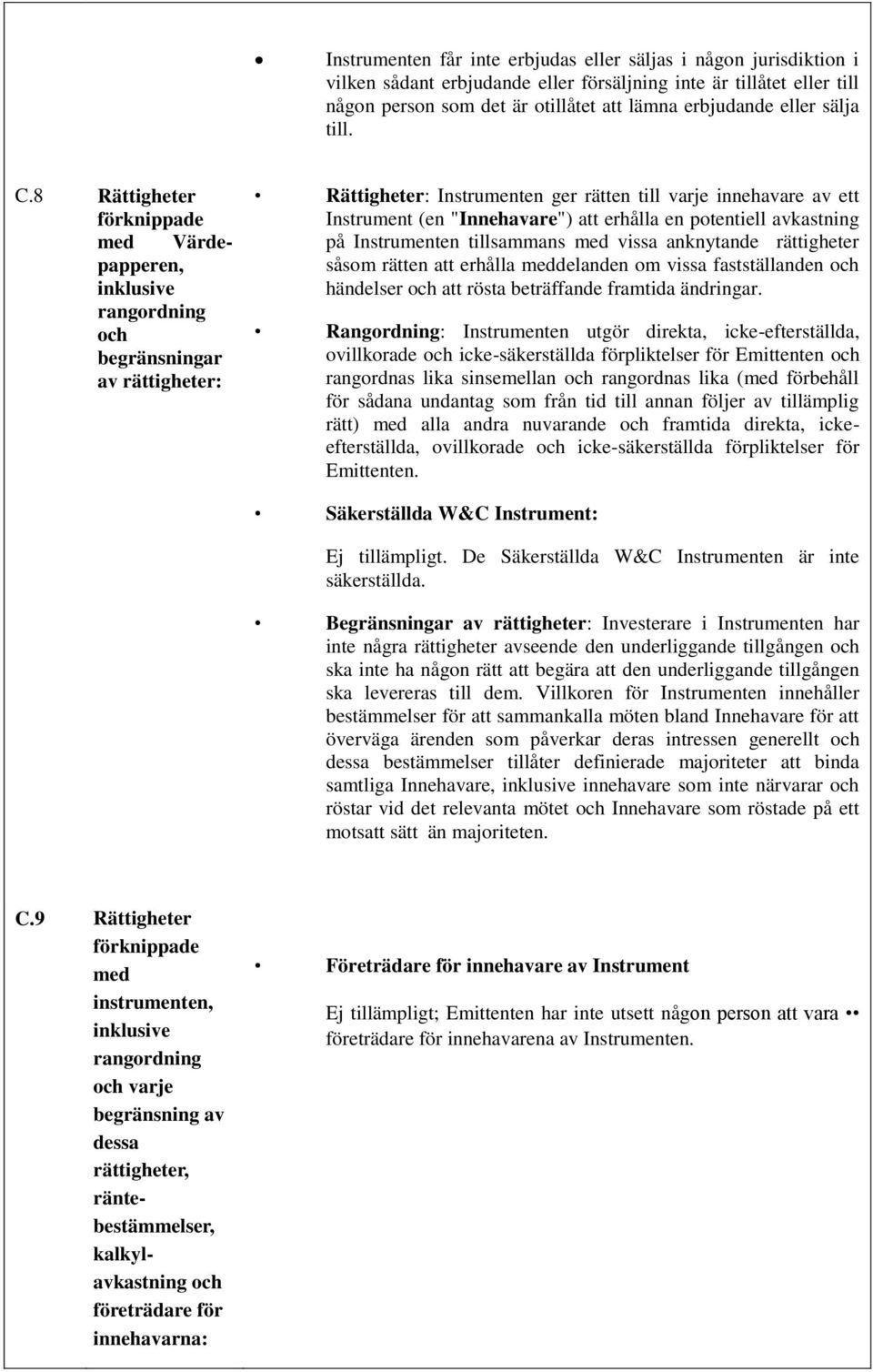 8 Rättigheter förknippade med Värdepapperen, inklusive rangordning och begränsningar av rättigheter: Rättigheter: Instrumenten ger rätten till varje innehavare av ett Instrument (en "Innehavare") att