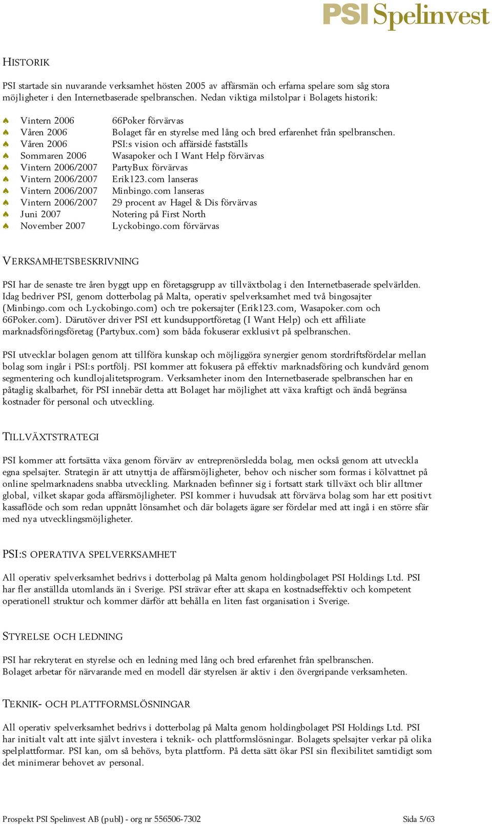 Våren 2006 PSI:s vision och affärsidé fastställs Sommaren 2006 Wasapoker och I Want Help förvärvas Vintern 2006/2007 PartyBux förvärvas Vintern 2006/2007 Erik123.