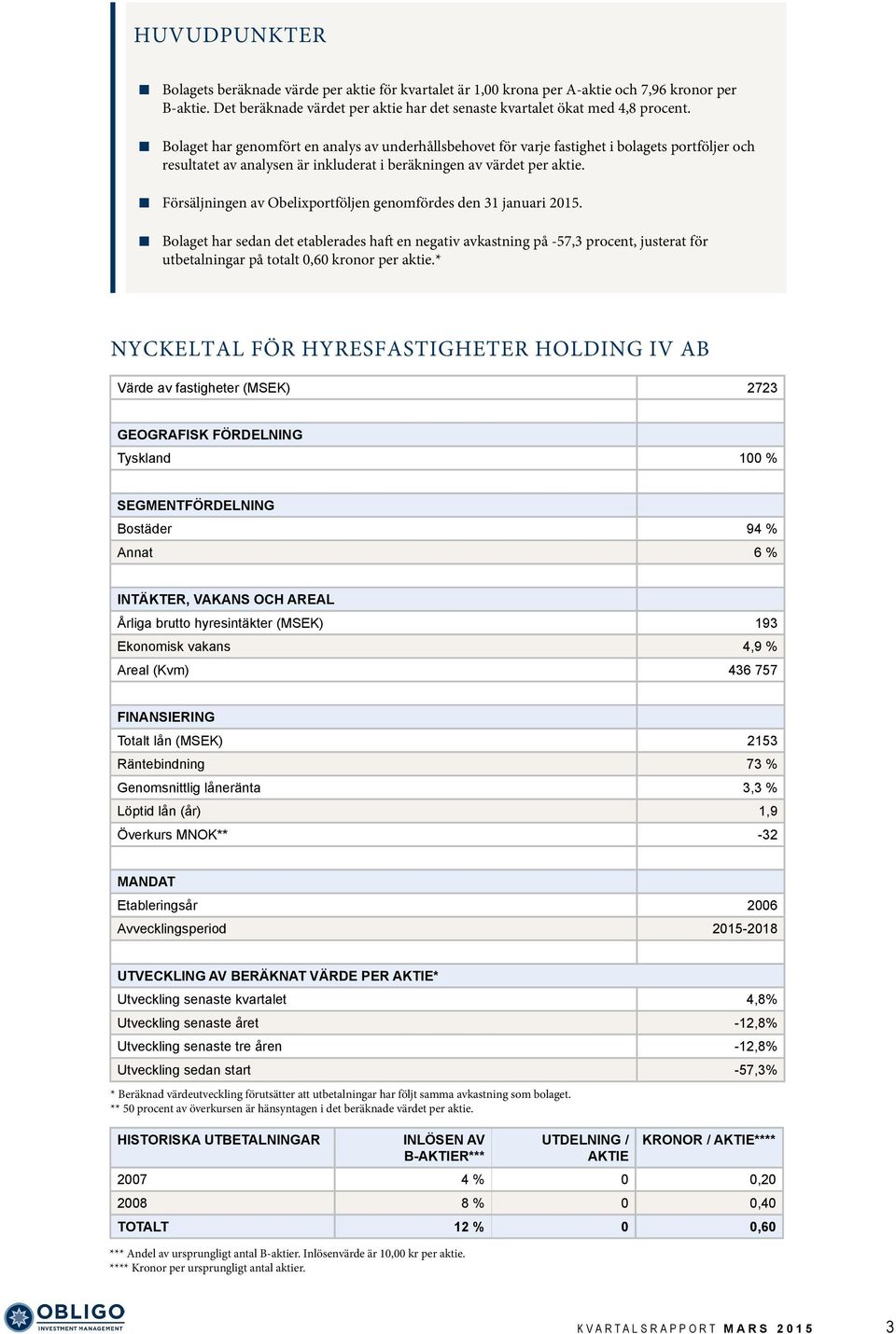 Försäljningen av Obelixportföljen genomfördes den 31 januari 01.