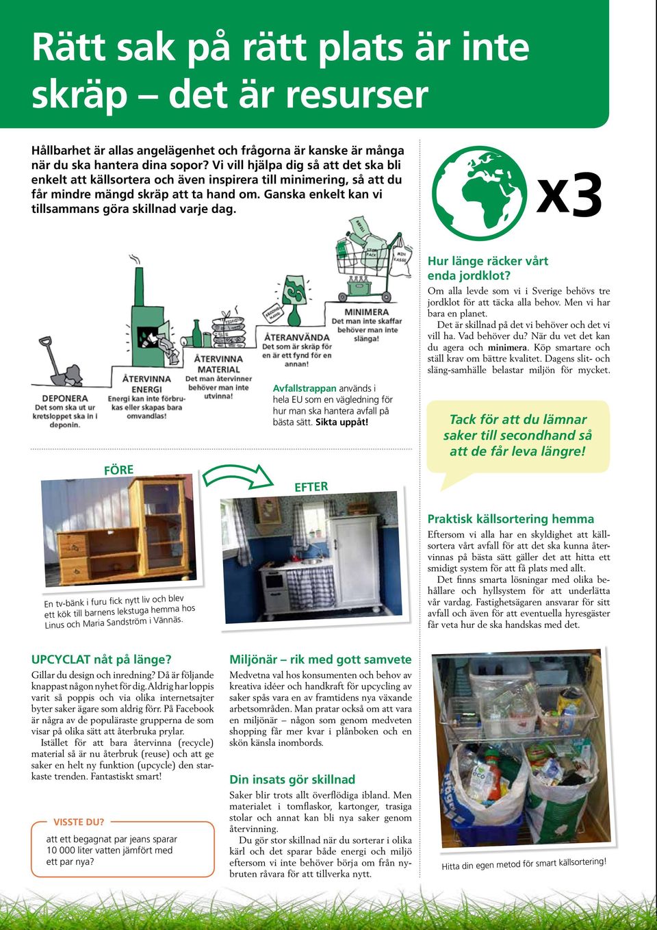 Ganska enkelt kan vi tillsammans göra skillnad varje dag. x3 FÖRE Avfallstrappan används i hela EU som en vägledning för hur man ska hantera avfall på bästa sätt. Sikta uppåt!