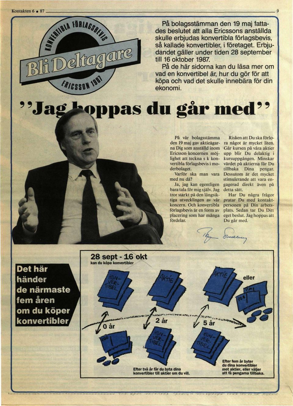 Jag hoppas du går med På vår bolagsstämma den 19 maj gav aktieägarna Dig som anställd inom Ericsson-koncernen möjlighet att teckna s k konvertibla förlagsbevis i moderbolaget.