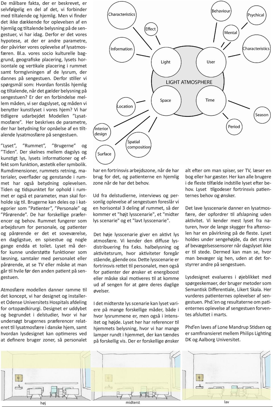 Derfor er det vores hypotese, at der er andre parametre, der påvirker vores oplevelse af lysatmosfæren. Bl.a. vores socio kulturelle baggrund, geografiske placering, lysets horisontale og vertikale placering i rummet samt formgivningen af de lysrum, der dannes på sengestuen.