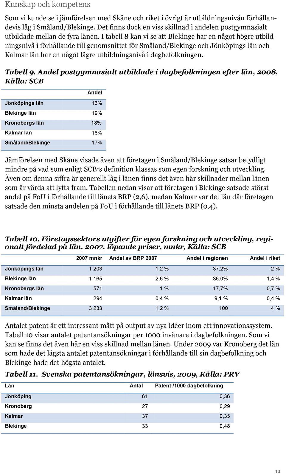 I tabell 8 kan vi se att Blekinge har en något högre utbildningsnivå i förhållande till genomsnittet för Småland/Blekinge och Jönköpings län och Kalmar län har en något lägre utbildningsnivå i