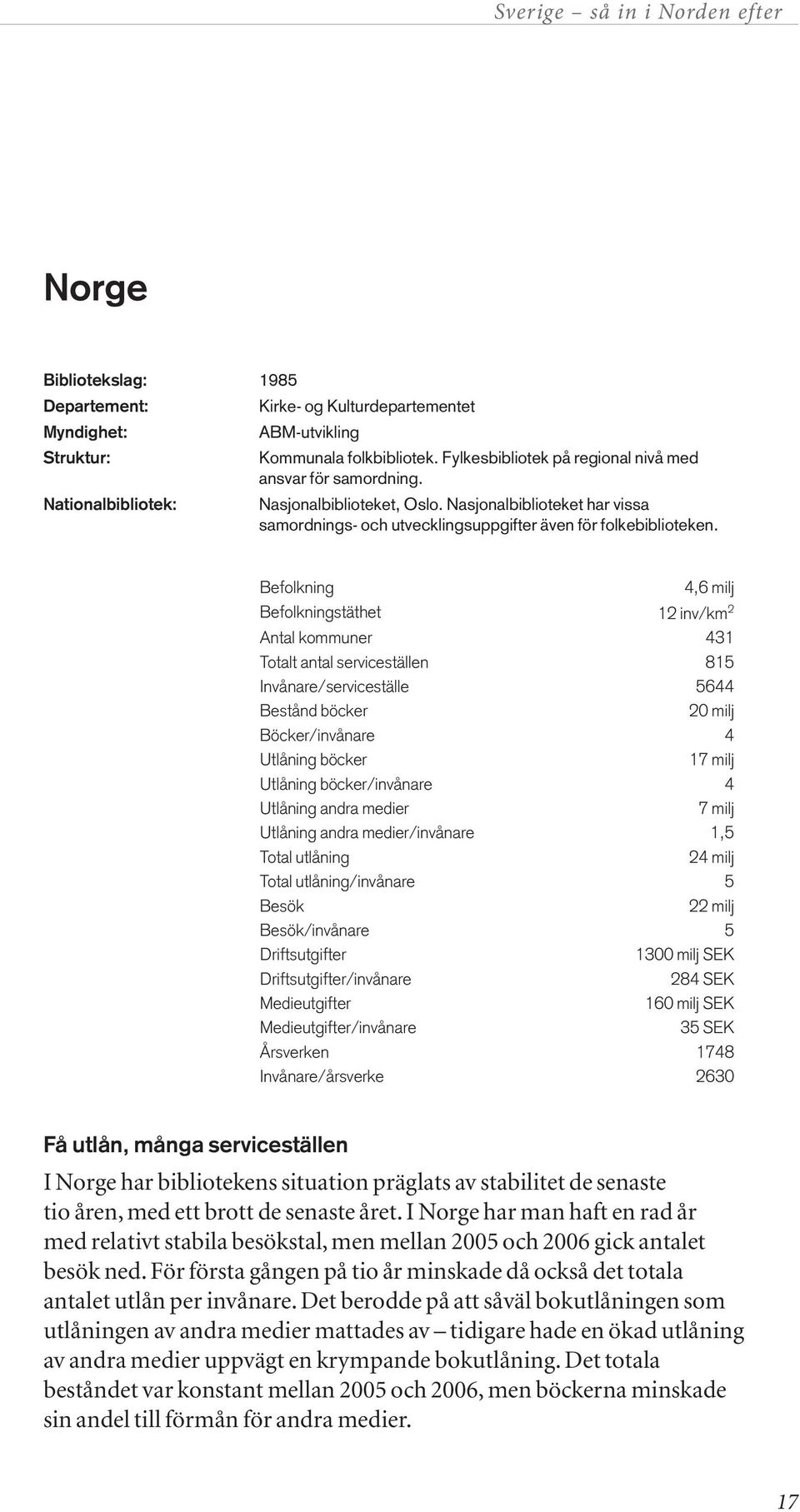 Befolkning 4,6 milj Befolkningstäthet 12 inv/km 2 Antal kommuner 431 Totalt antal serviceställen 815 Invånare/serviceställe 5644 Bestånd böcker 20 milj Böcker/invånare 4 Utlåning böcker 17 milj