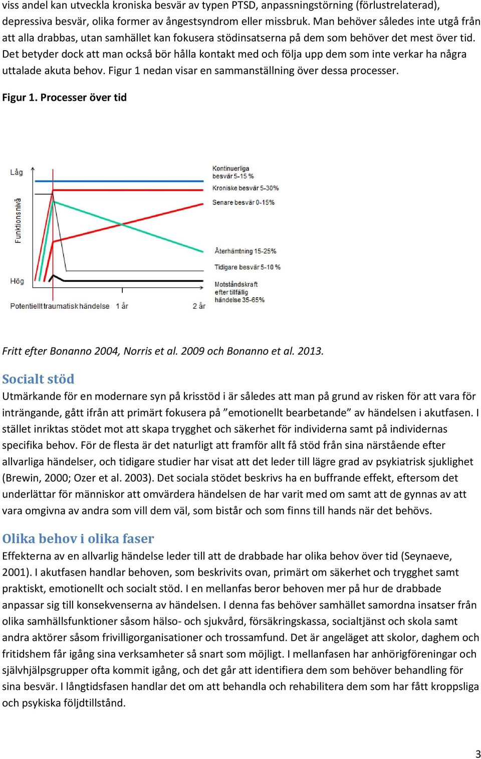 Det betyder dock att man också bör hålla kontakt med och följa upp dem som inte verkar ha några uttalade akuta behov. Figur 1 nedan visar en sammanställning över dessa processer. Figur 1. Processer över tid Fritt efter Bonanno 2004, Norris et al.