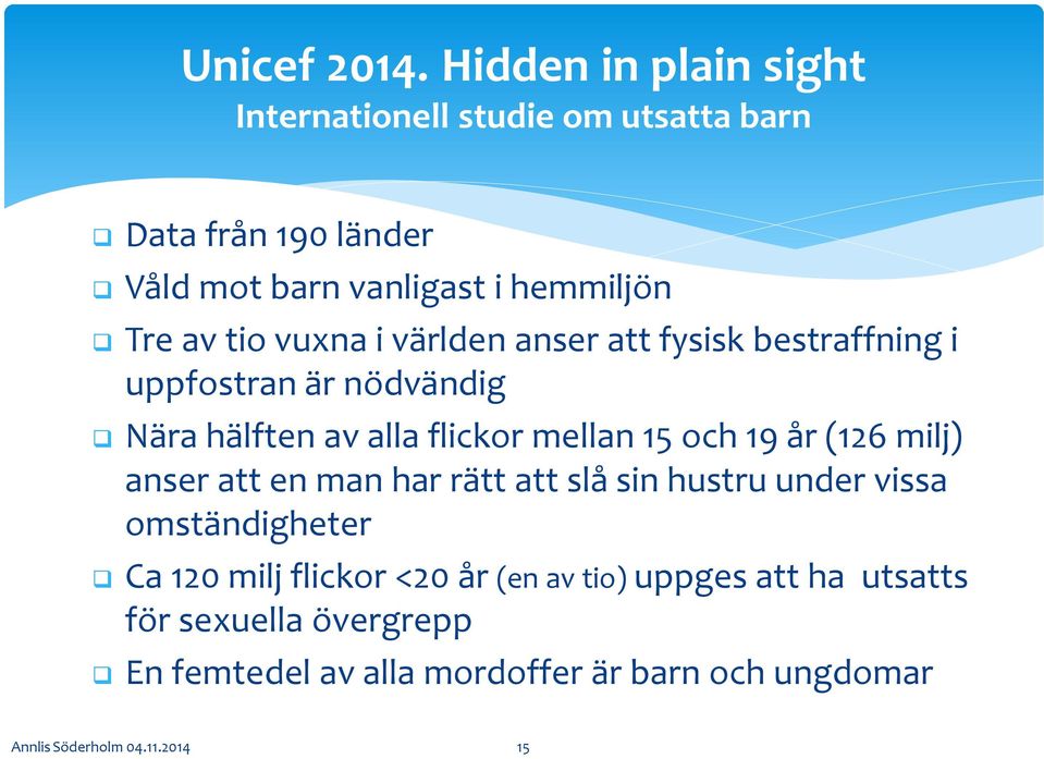 vuxna i världen anser att fysisk bestraffning i uppfostran är nödvändig Nära hälften av alla flickor mellan 15 och 19 år (126