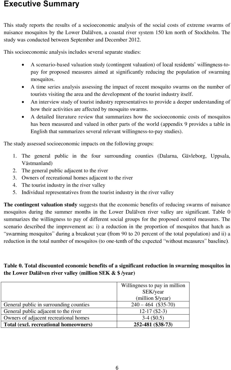 This socioeconomic analysis includes several separate studies: A scenario-based valuation study (contingent valuation) of local residents willingness-topay for proposed measures aimed at