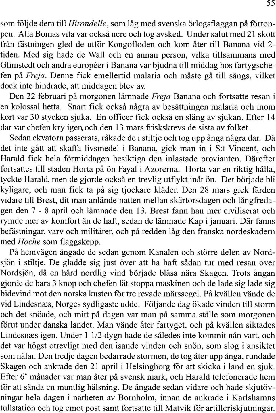 Med sig hade de Wall och en annan person, vilka tillsammans med Glimstedt och andra europeer i Banana var bjudna till middag hos fartygschefen på Freja.