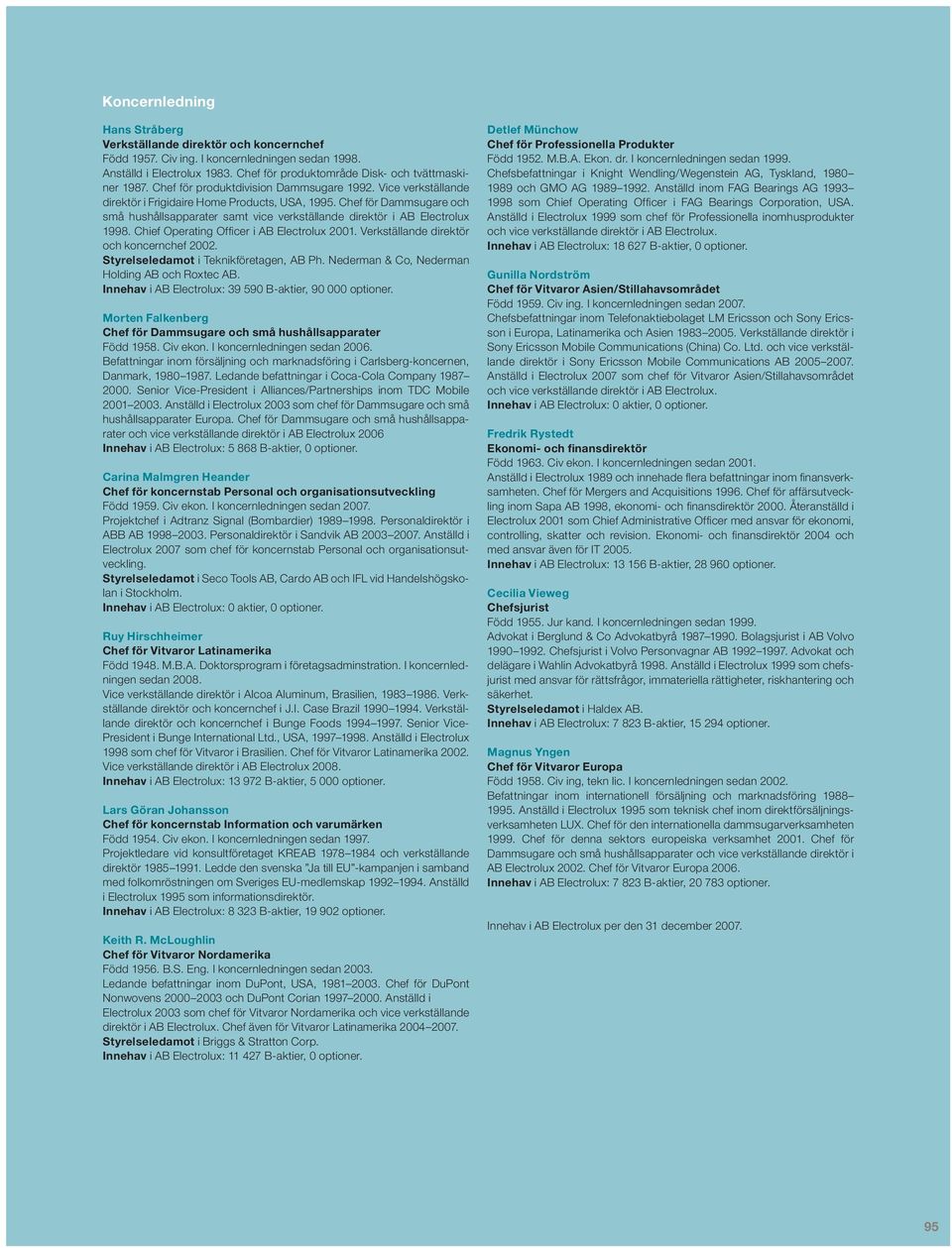 Chef för Dammsugare och små hushållsapparater samt vice verkställande direktör i AB Electrolux 1998. Chief Operating Offi cer i AB Electrolux 2001. Verkställande direktör och koncernchef 2002.