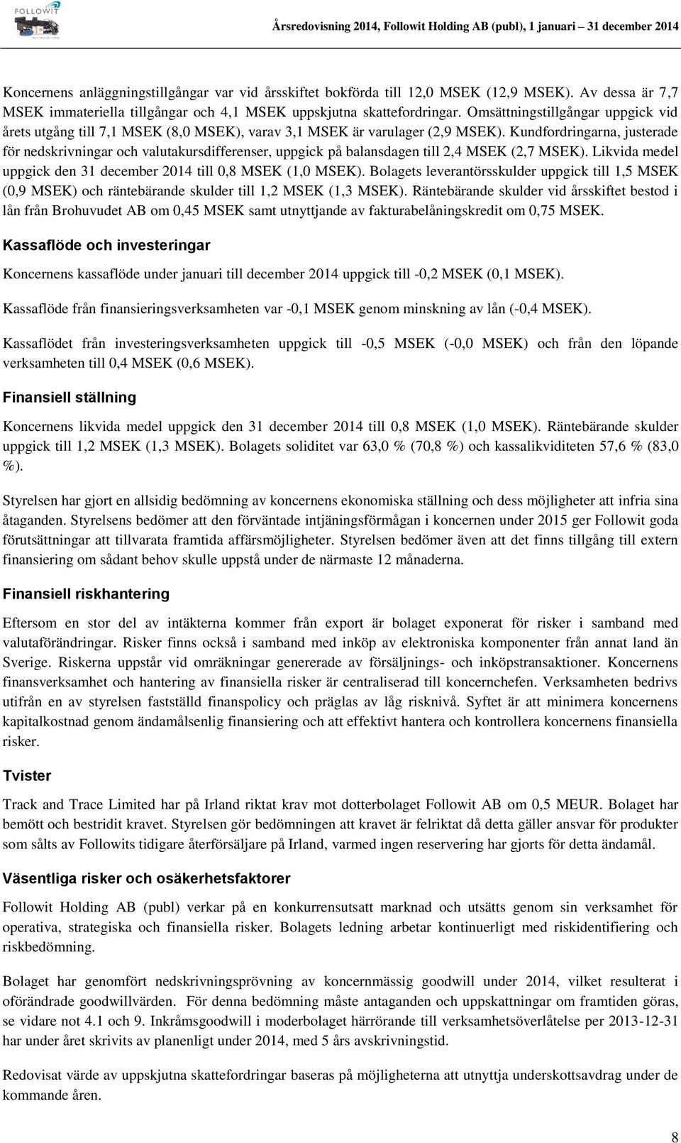 Kundfordringarna, justerade för nedskrivningar och valutakursdifferenser, uppgick på balansdagen till 2,4 MSEK (2,7 MSEK). Likvida medel uppgick den 31 december 2014 till 0,8 MSEK (1,0 MSEK).