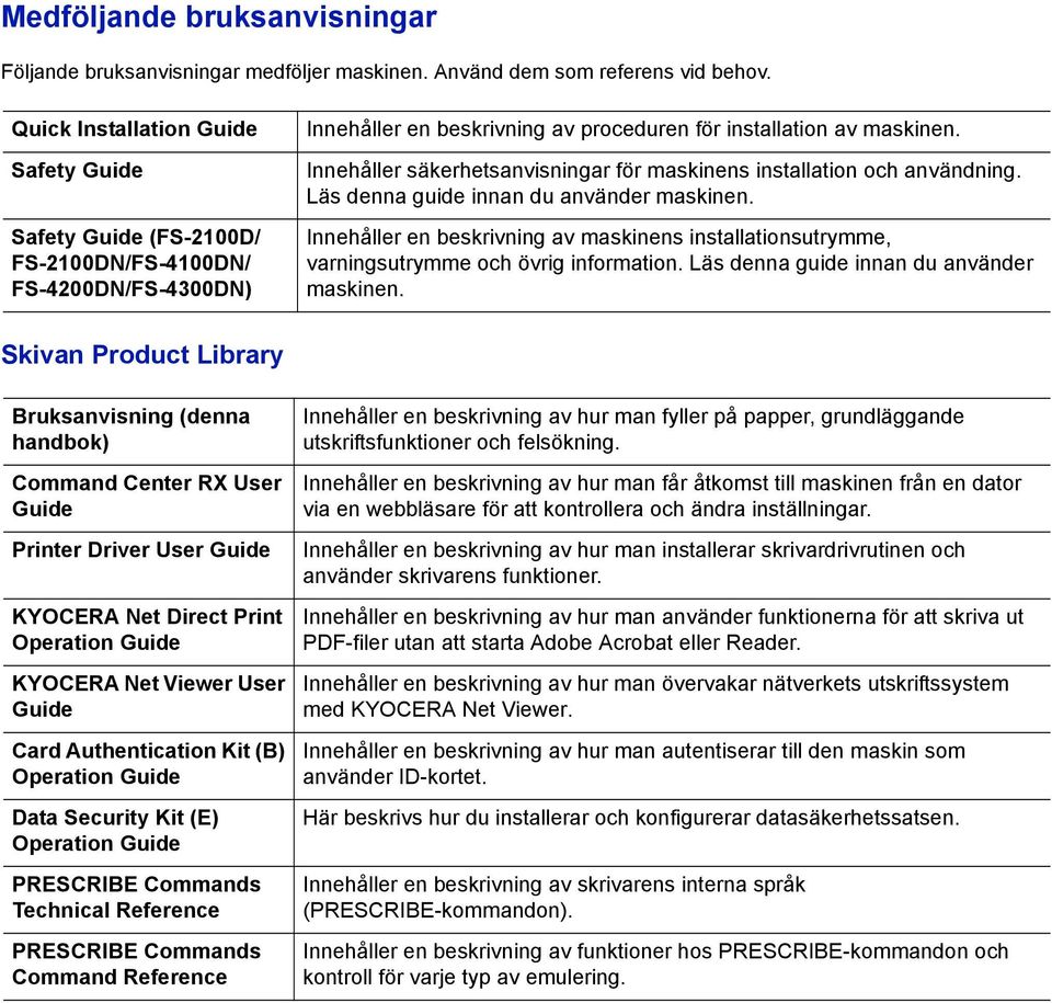 Innehåller säkerhetsanvisningar för maskinens installation och användning. Läs denna guide innan du använder maskinen.