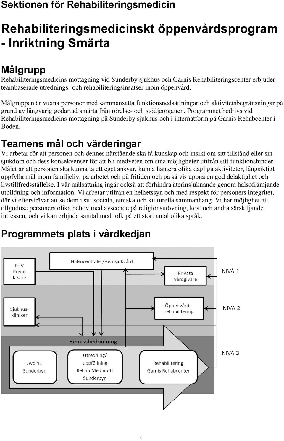 Målgruppen är vuxna personer med sammansatta funktionsnedsättningar och aktivitetsbegränsningar på grund av långvarig godartad smärta från rörelse- och stödjeorganen.