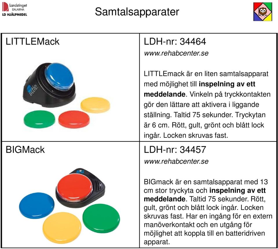 Rött, gult, grönt och blått lock ingår. Locken skruvas fast. BIGmack är en samtalsapparat med 13 cm stor tryckyta och inspelning av ett meddelande.