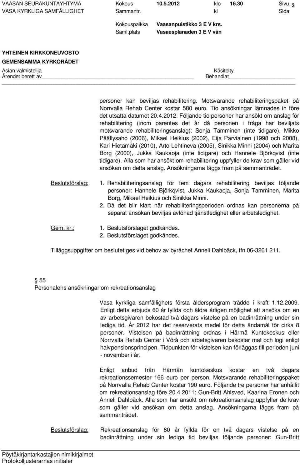 Följande tio personer har ansökt om anslag för rehabilitering (inom parentes det år då personen i fråga har beviljats motsvarande rehabiliteringsanslag): Sonja Tamminen (inte tidigare), Mikko