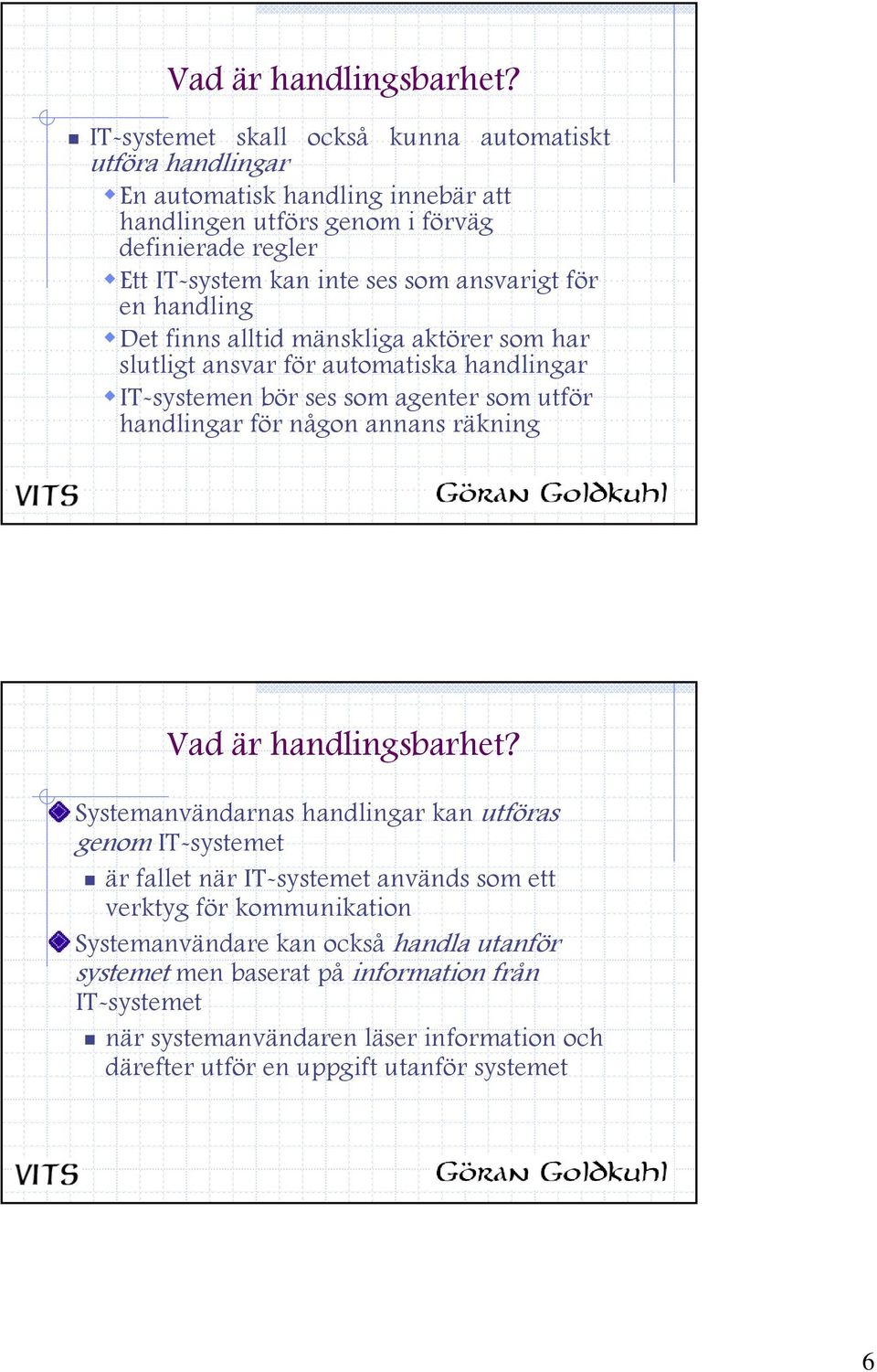 ansvarigt för en handling Det finns alltid mänskliga aktörer som har slutligt ansvar för automatiska handlingar IT-systemen bör ses som agenter som utför handlingar för någon