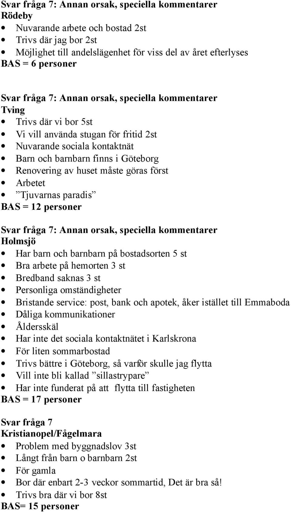 Arbetet Tjuvarnas paradis BAS = 12 personer Svar fråga 7: Annan orsak, speciella kommentarer Holmsjö Har barn och barnbarn på bostadsorten 5 st Bra arbete på hemorten 3 st Bredband saknas 3 st