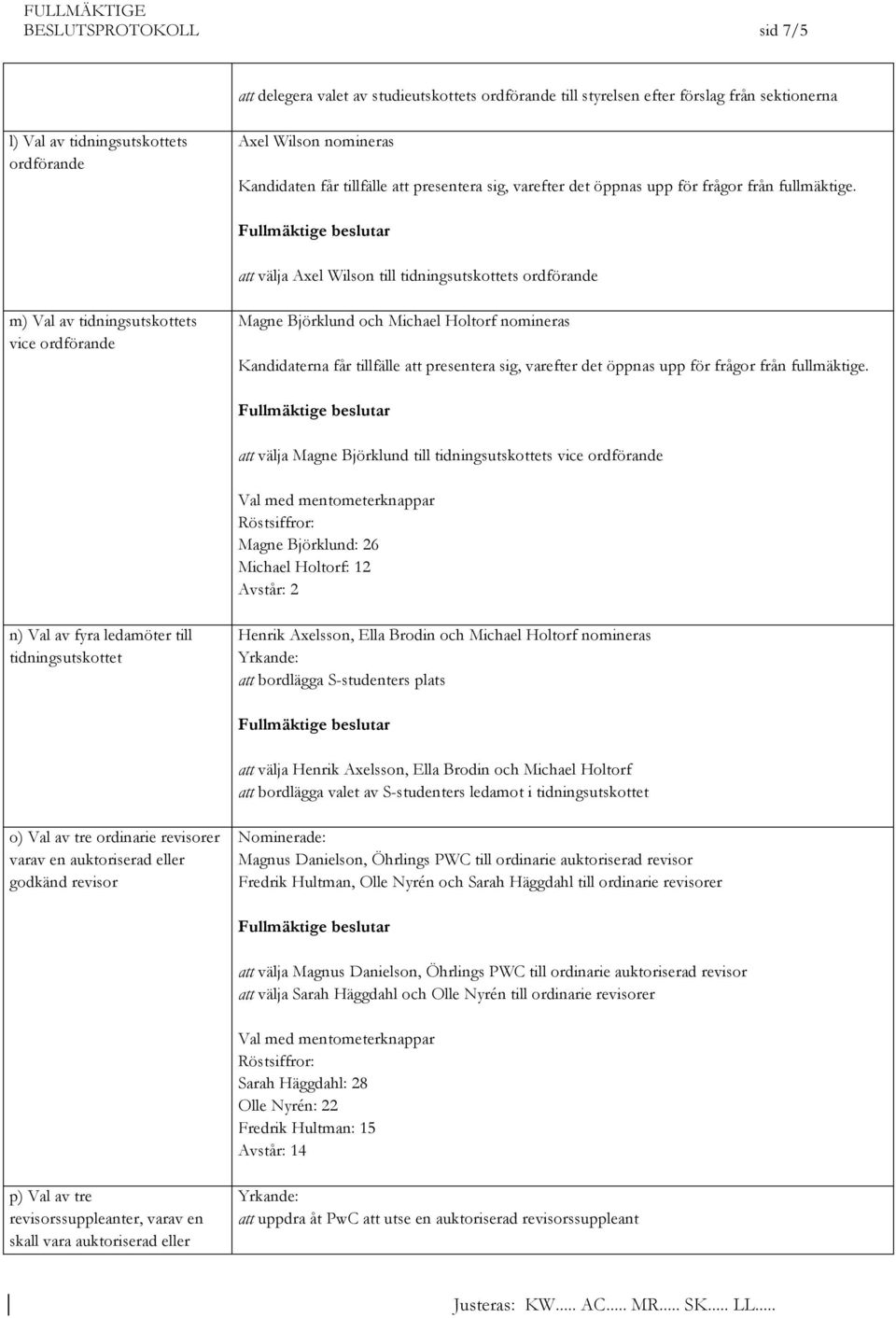 att välja Axel Wilson till tidningsutskottets ordförande m) Val av tidningsutskottets vice ordförande Magne Björklund och Michael Holtorf nomineras att välja Magne Björklund till tidningsutskottets