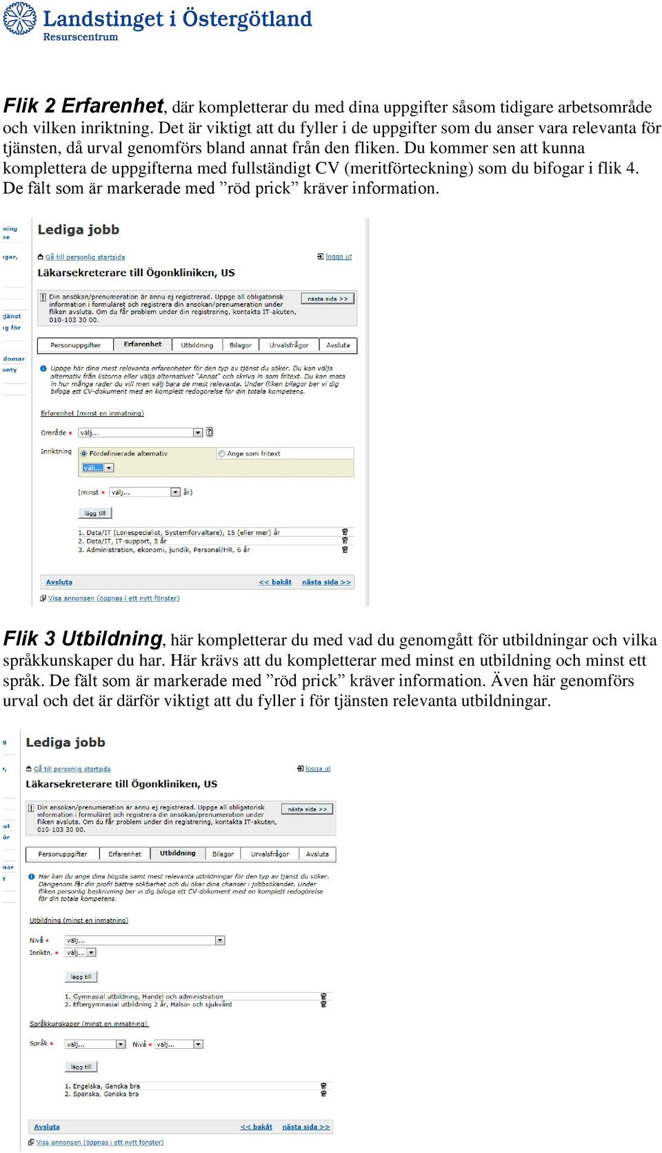 Du kommer sen att kunna komplettera de uppgifterna med fullständigt CV (meritförteckning) som du bifogar i flik 4. De fält som är markerade med röd prick kräver information.