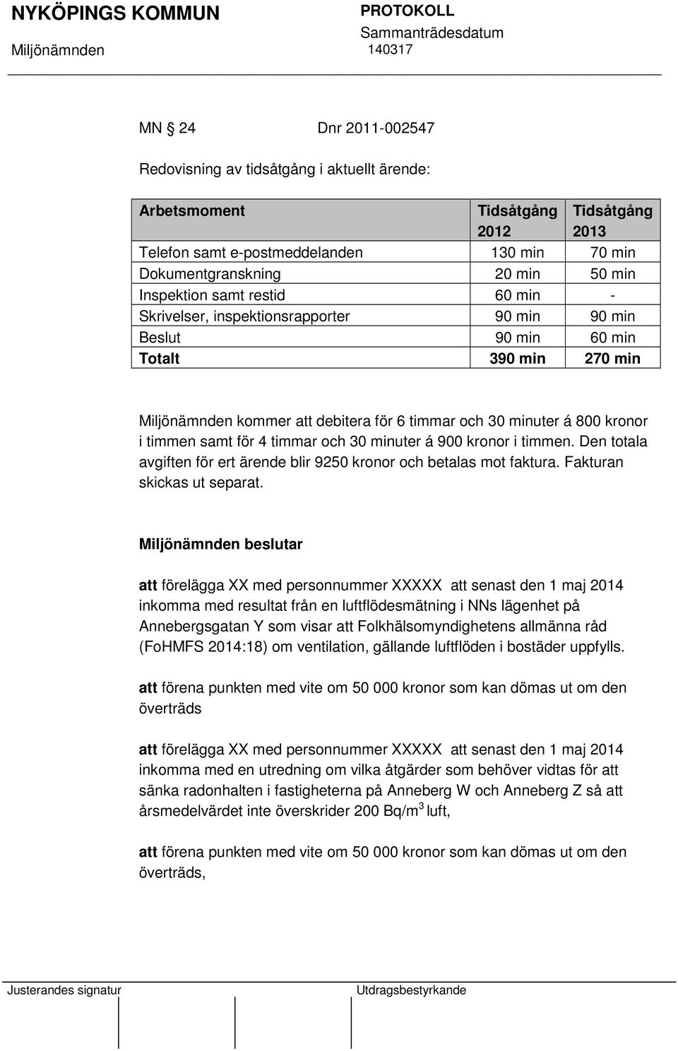 timmen samt för 4 timmar och 30 minuter á 900 kronor i timmen. Den totala avgiften för ert ärende blir 9250 kronor och betalas mot faktura. Fakturan skickas ut separat.