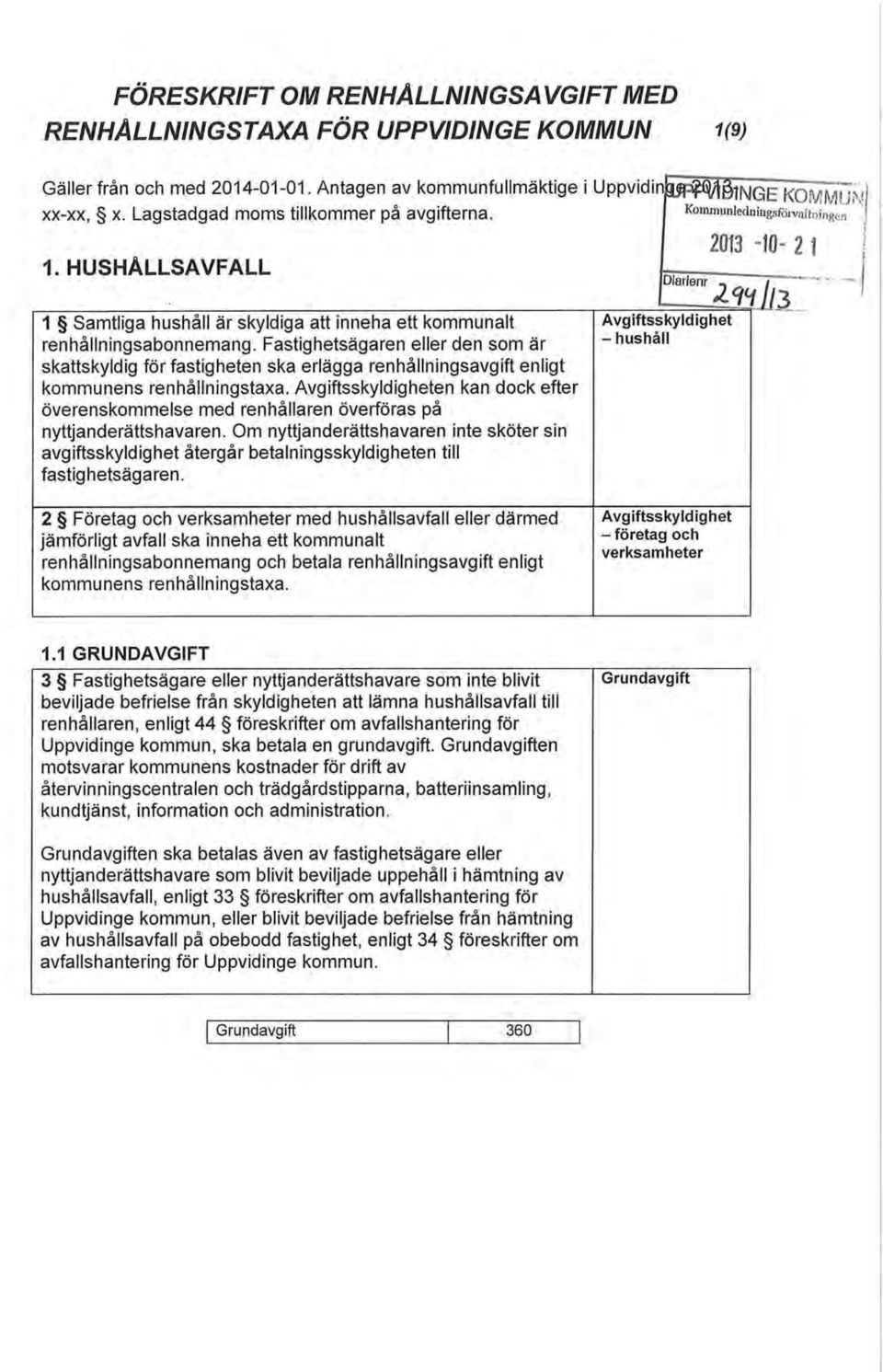 HUSHÅLLSAVFALL ÖtNGE KOMMUN Kommunledmngsföi-valtnirigen j Diarienr 2013-10- 2 I 1 Samtliga hushåll är skyldiga att inneha ett kommunalt renhållningsabonnemang.