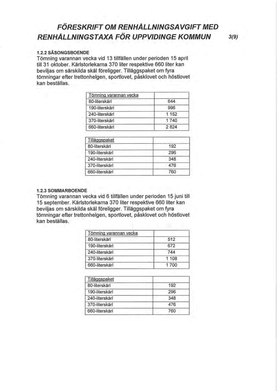 Tömninq varannan vecka 80-literskärl 644 190-literskärl 996 240-literskärl 1 152 370-literskärl 1 740 660-literskärl 2 824 Tilläqqspaket 80-literskärl 192 190-literskärl 296 240-literskärl 348