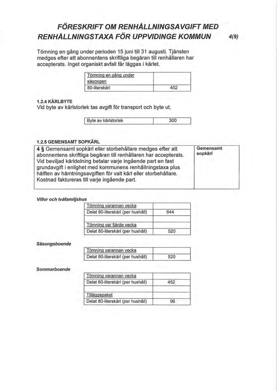 1.2.4 KARLBYTE Vid byte av kärlstorlek tas avgift för transport och byte ut. Byte av kärlstorlek 300 1.2.5 GEMENSAMT SOPKARL 4 Gemensamt sopkärl eller storbehållare medges efter att abonnentens skriftliga begäran till renhållaren har accepterats.