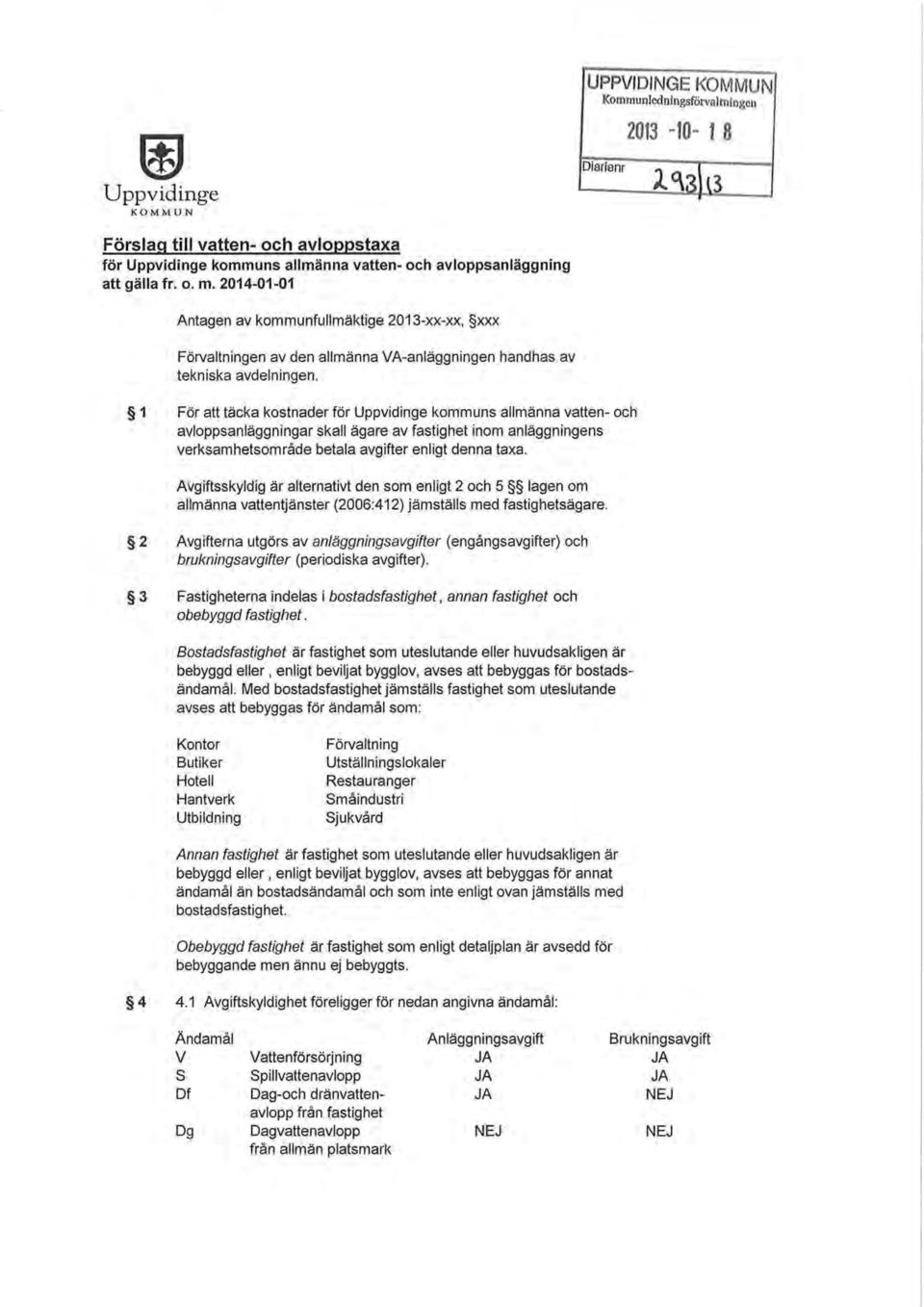 1 För att täcka kostnader för Uppvidinge kommuns allmänna vatten- och avloppsanläggningar skall ägare av fastighet inom anläggningens verksamhetsområde betala avgifter enligt denna taxa.