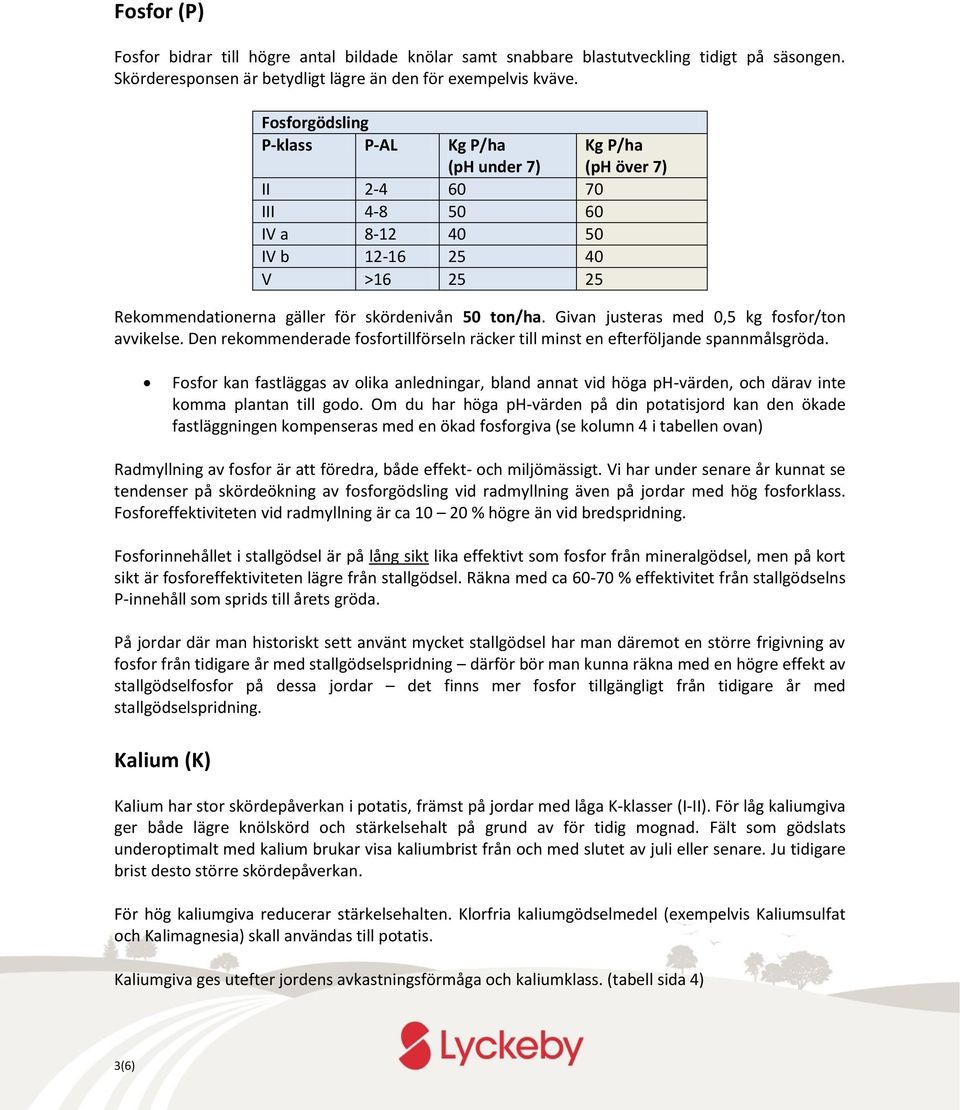 Givan justeras med 0,5 kg fosfor/ton avvikelse. Den rekommenderade fosfortillförseln räcker till minst en efterföljande spannmålsgröda.