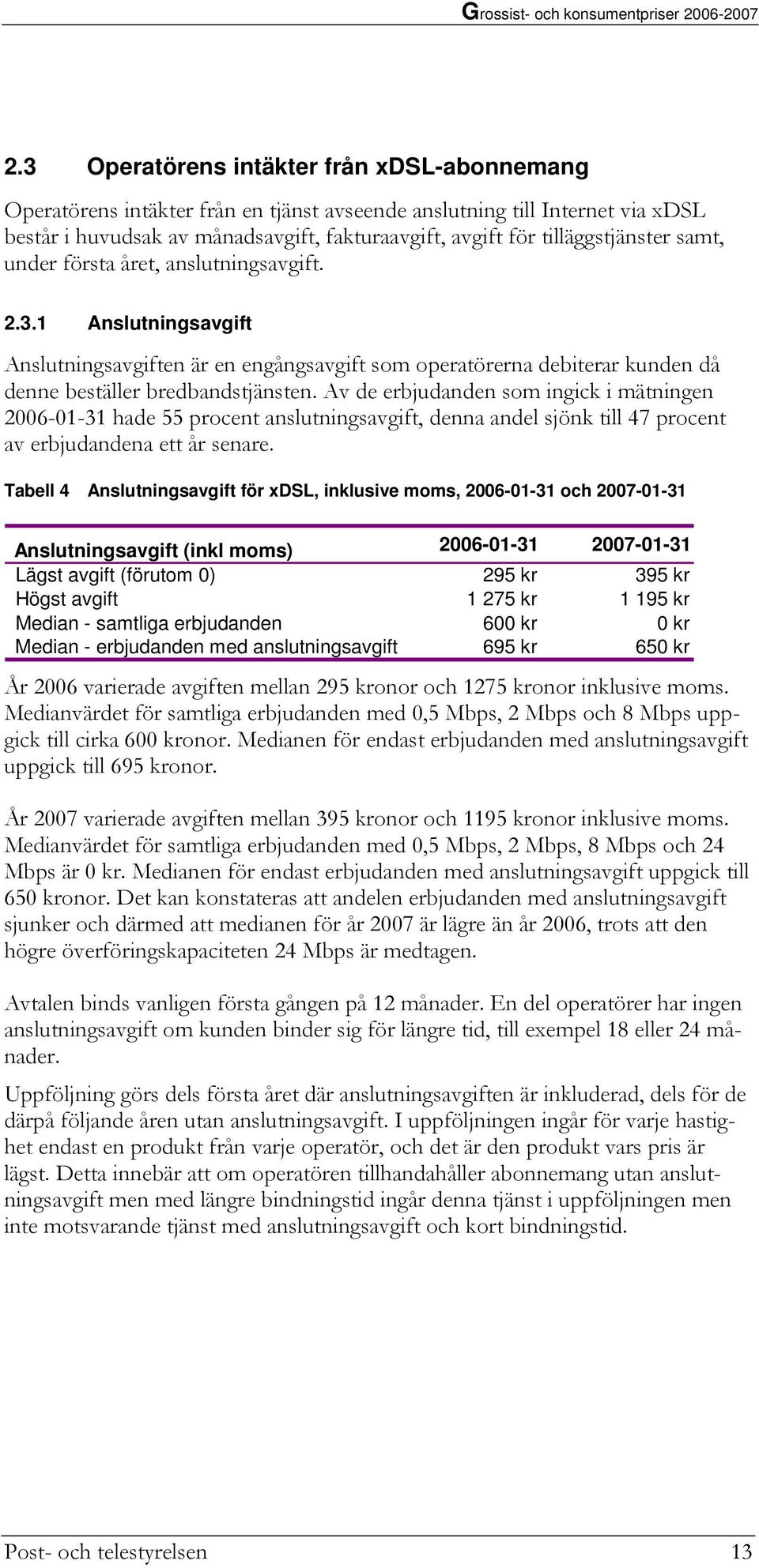 Av de erbjudanden som ingick i mätningen 2006-01-31 hade 55 procent anslutningsavgift, denna andel sjönk till 47 procent av erbjudandena ett år senare.