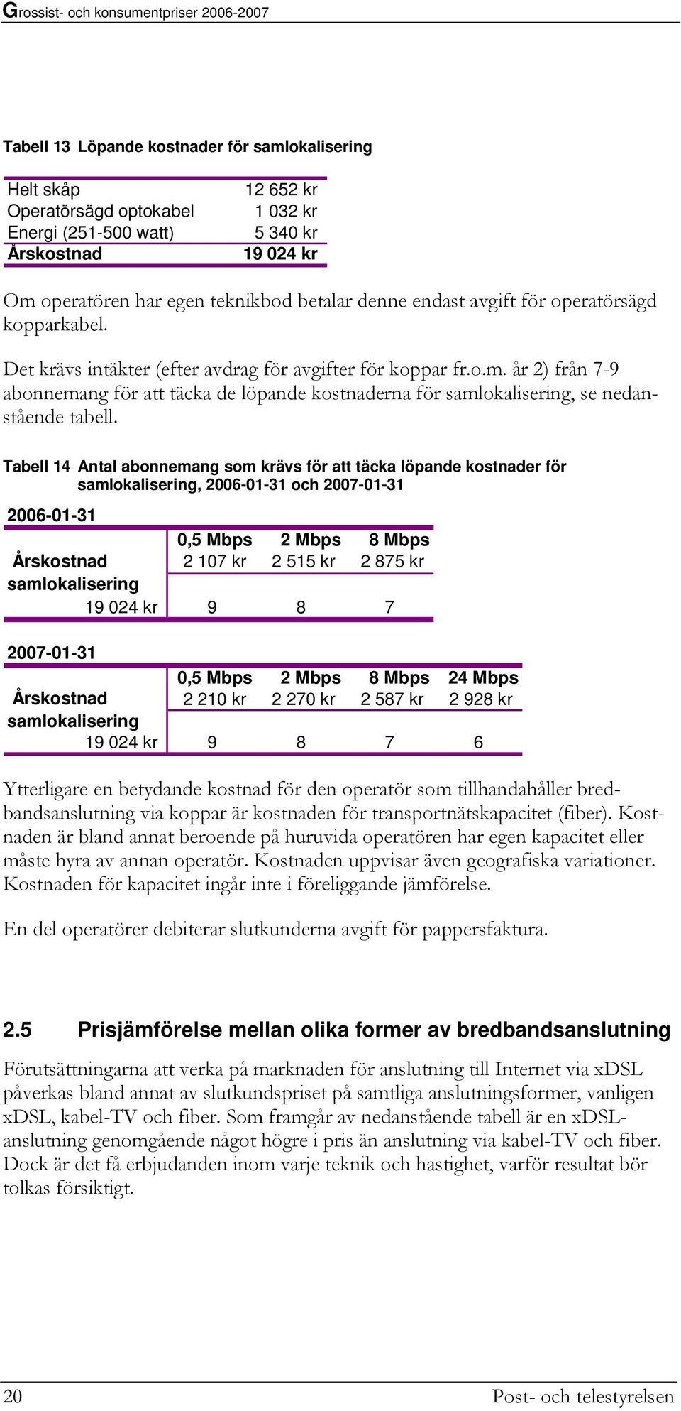 år 2) från 7-9 abonnemang för att täcka de löpande kostnaderna för samlokalisering, se nedanstående tabell.