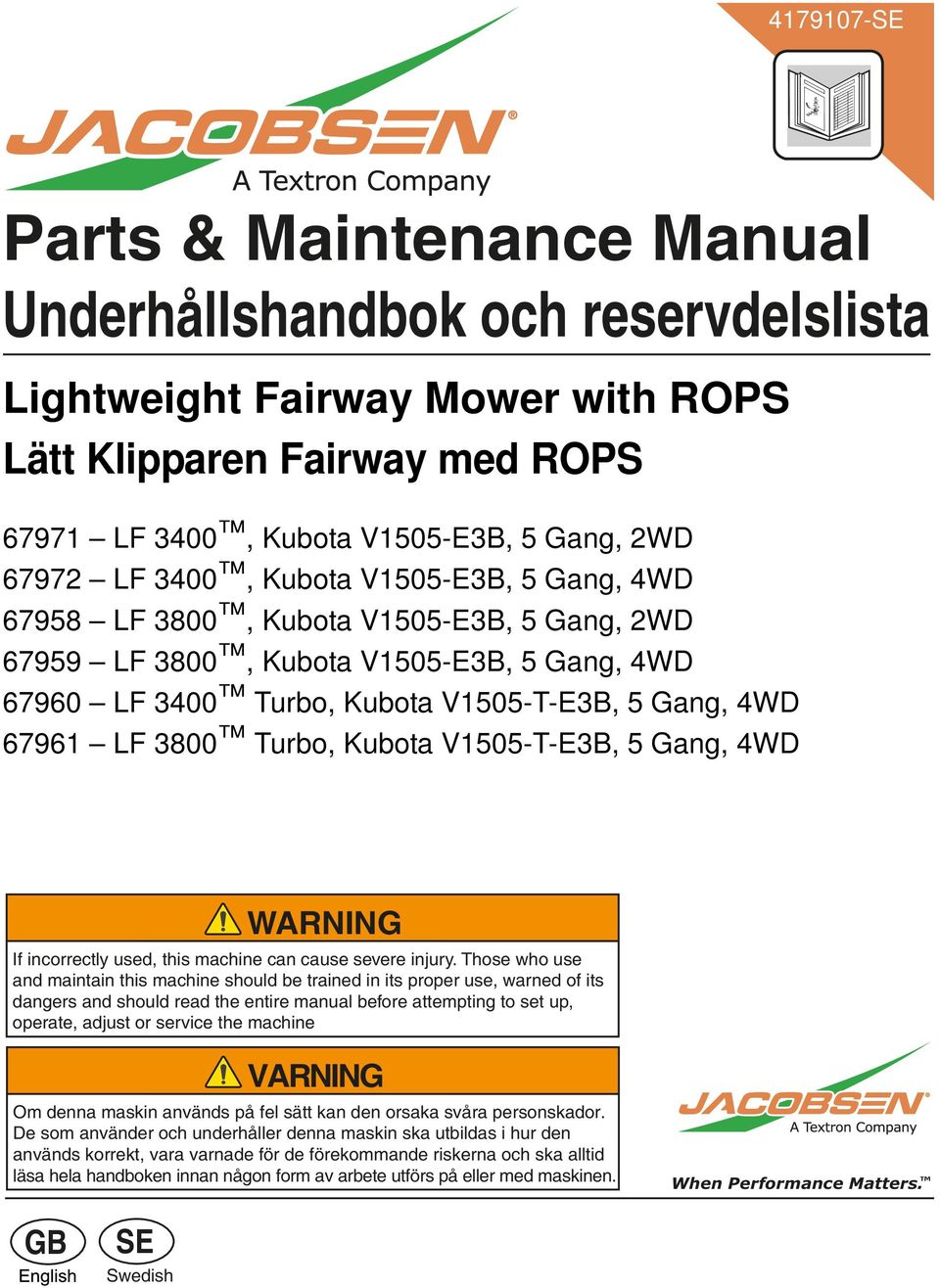 3400 Turbo, Kubota V1505-T-E3B, 5 Gang, 4WD 67961 LF 3800 Turbo, Kubota V1505-T-E3B, 5 Gang, 4WD WARNING If incorrectly used, this machine can cause severe injury.