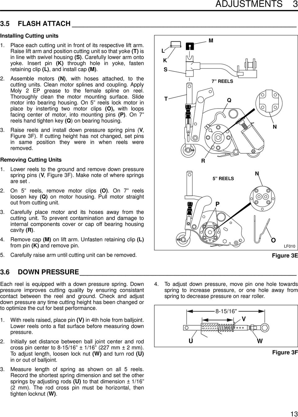 Insert pin (K) through hole in yoke, fasten retaining clip (L), and install cap (M). 2. Assemble motors (N), with hoses attached, to the cutting units. Clean motor splines and coupling.