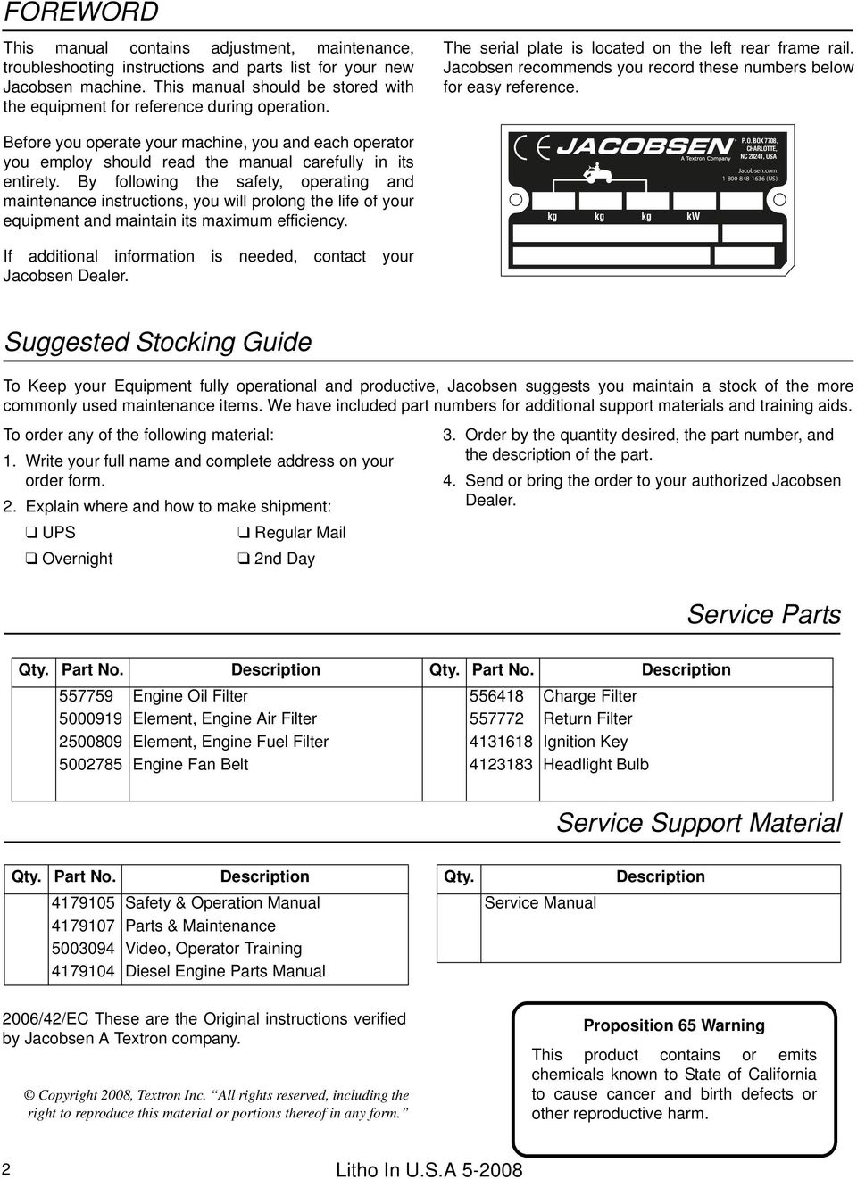 Jacobsen recommends you record these numbers below for easy reference. Before you operate your machine, you and each operator you employ should read the manual carefully in its entirety.