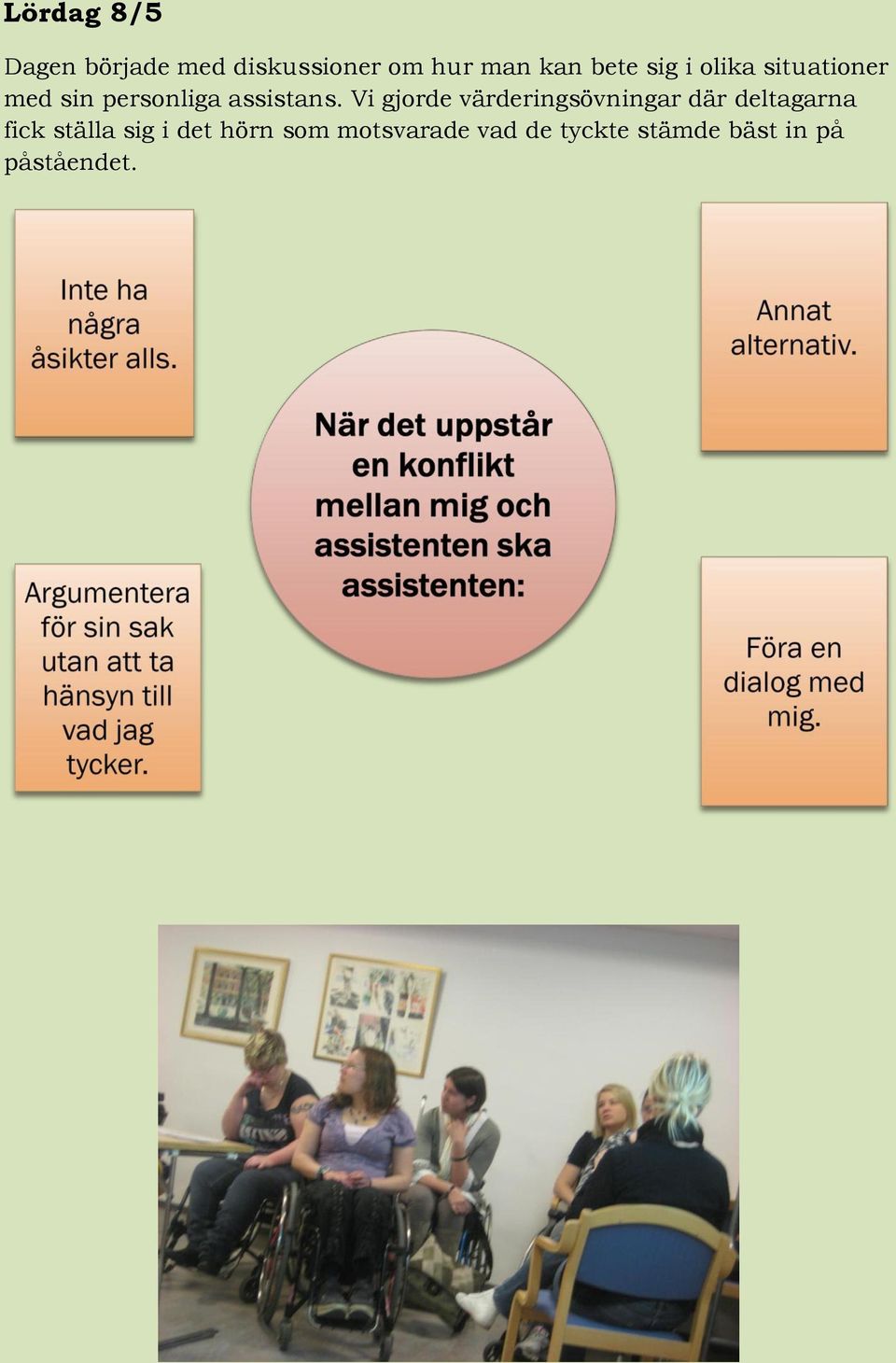 Vi gjorde värderingsövningar där deltagarna fick ställa sig i