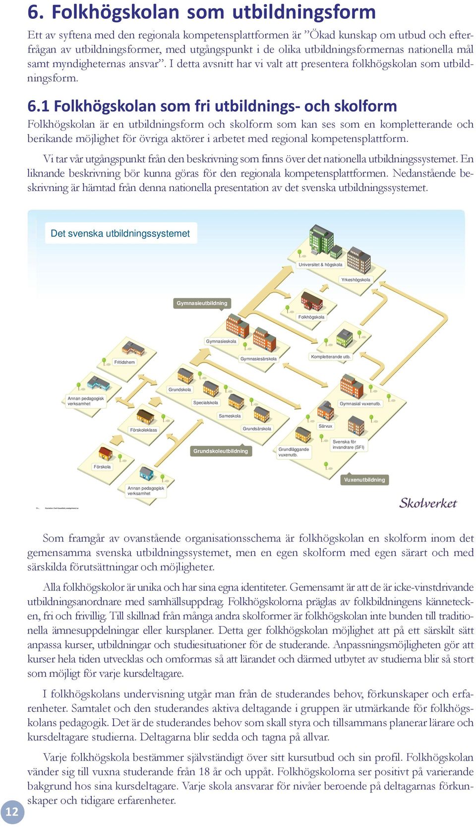 1 Folkhögskolan som fri utbildnings- och skolform Folkhögskolan är en utbildningsform och skolform som kan ses som en kompletterande och berikande möjlighet för övriga aktörer i arbetet med regional