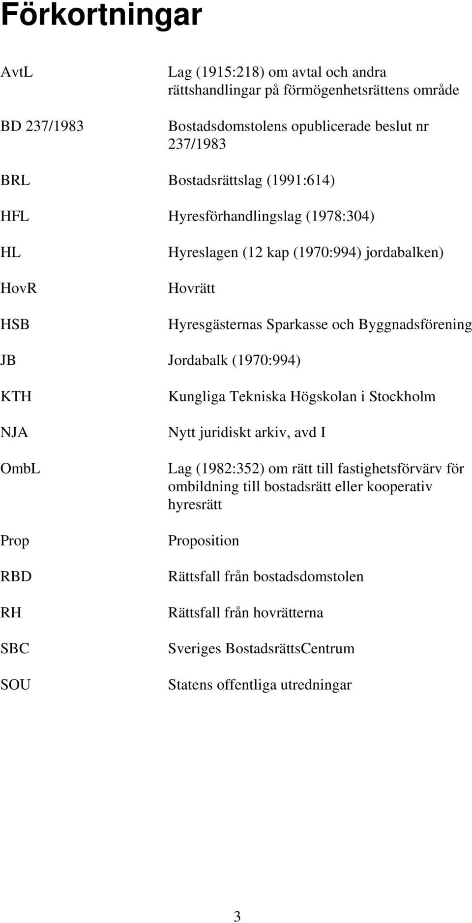 Jordabalk (1970:994) KTH NJA OmbL Prop RBD RH SBC SOU Kungliga Tekniska Högskolan i Stockholm Nytt juridiskt arkiv, avd I Lag (1982:352) om rätt till fastighetsförvärv för